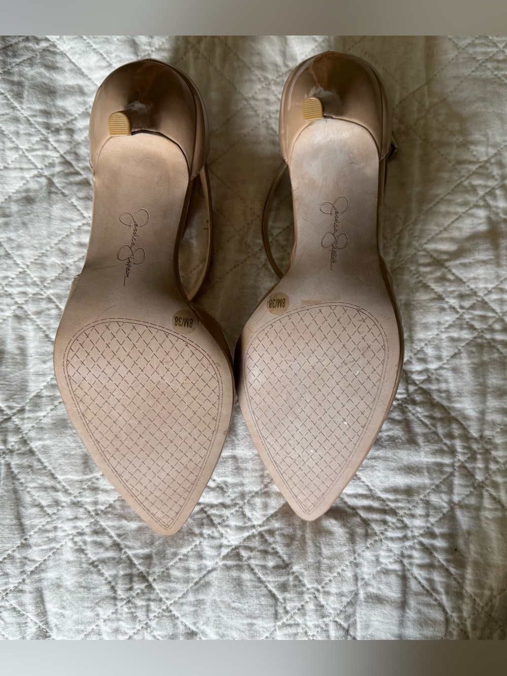 Jessica Simpson (Size 8) Nude Patent Strappy Ankle Buckle Pointy Toe Heels - Picture 3 of 5
